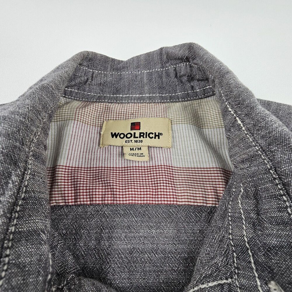 Woolrich Mens M Gray Chambray Work Shirt Short Sleeve Dual Pocket 100% Cotton - Picture 8 of 9